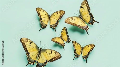   A cluster of yellow butterflies perched on a pale blue background, with a solitary yellow butterfly centrally positioned photo