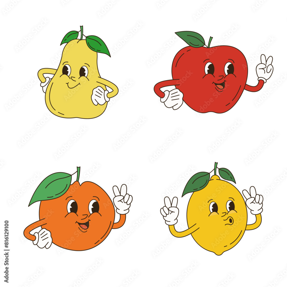 Retro groovy fruit characters. Funky cartoon mascot of apple pear strawberry banana watermelon with happy smile face, hands and feet. Vintage summer vector illustration. Fruits juicy sticker pack. Retro groovy fruit characters. Funky cartoon mascot of apple pear strawberry banana watermelon with happy smile face, hands and feet. Vintage summer vector illustration. Fruits juicy sticker pack.