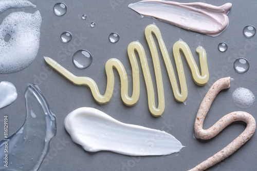 Styled skincare scene with various textures and products