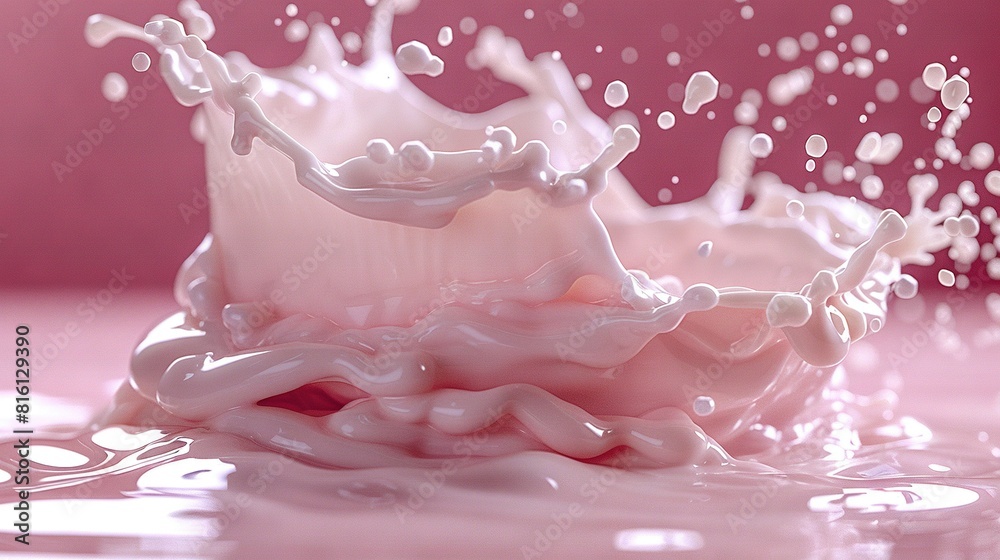 A milk splash on a pink background with a pink wall in close-up view A milk splash on a pink background with a pink wall in close-up view