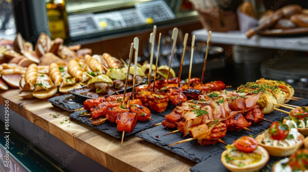 Obraz premium Pinchos and tapas typical of the Basque Country, Spain. Selection of different types of foods to choose from. San Sebastian hyper realistic