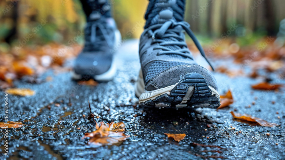A person's wet feet are seen up close on a road covered with fallen leaves, while trees loom behind in the background A person's wet feet are seen up close on a road covered with fallen leaves, while trees loom behind in the background