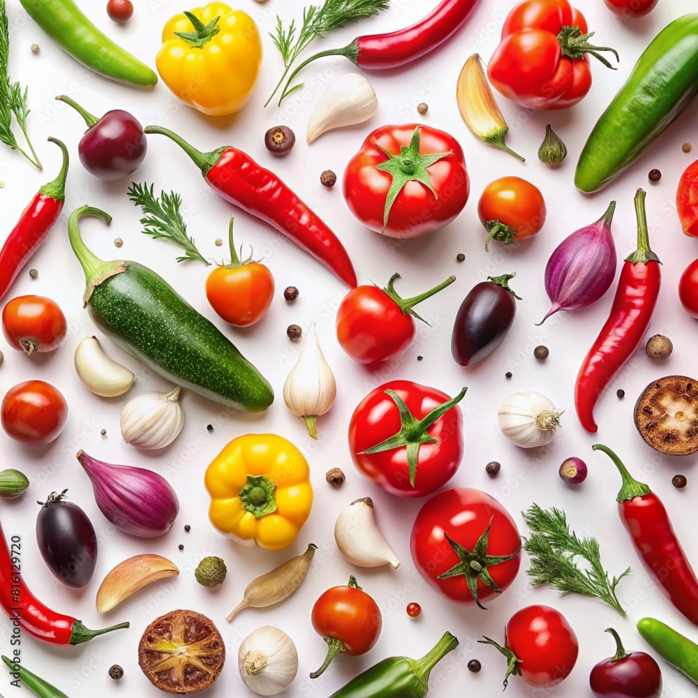 A vibrant array of fresh vegetables and herbs neatly arranged on a white background A vibrant array of fresh vegetables and herbs neatly arranged on a white background