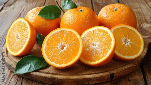   A group of oranges sits on a wooden plate atop a wooden table  surrounded by leaves