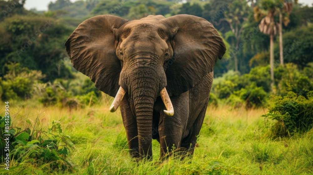 Obraz premium Impressive frontal shot of a majestic elephant with its ears spread wide, evoking a sense of power and presence