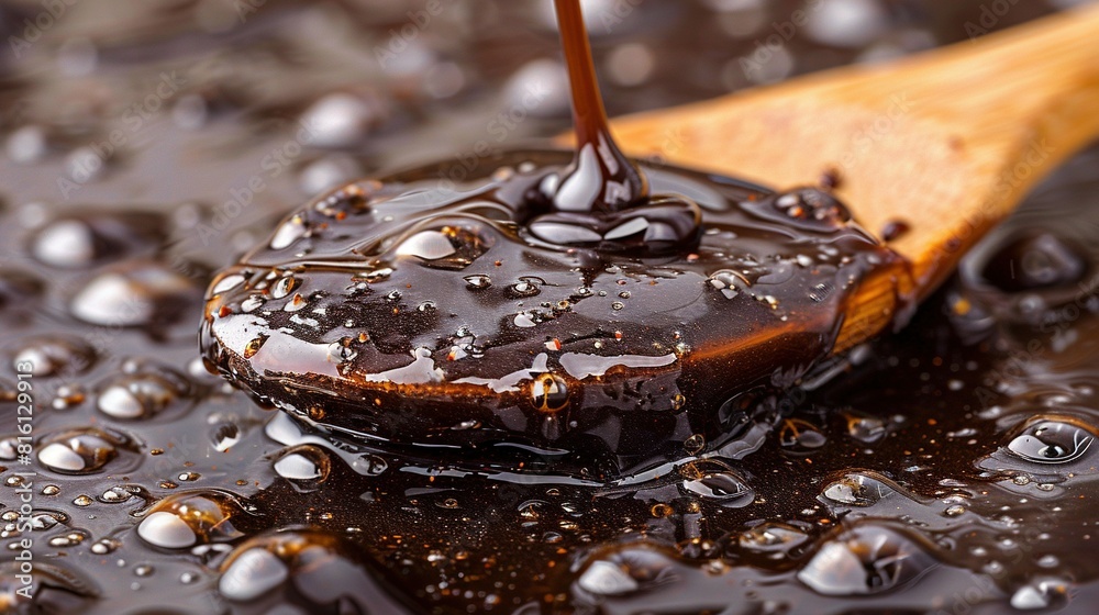  Spoon holding chocolate-coated donut atop liquid-covered surface with droplets of water