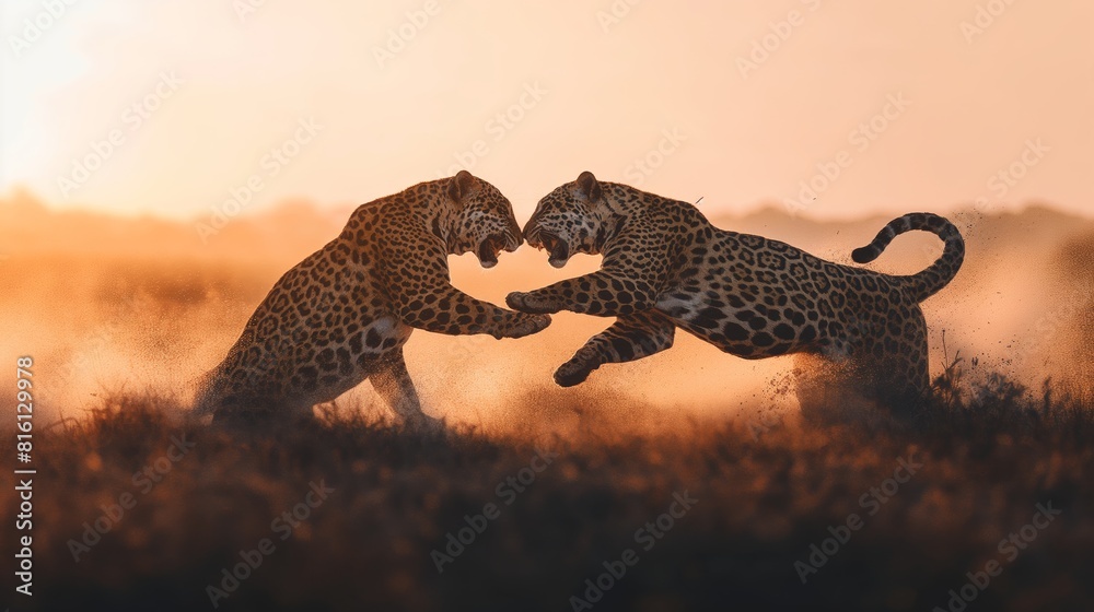Obraz premium two jaguar fighing over Massai marah jungle in south africa created by ai