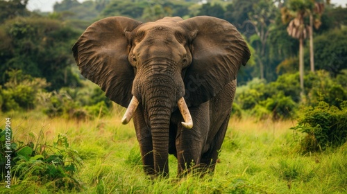 Impressive frontal shot of a majestic elephant with its ears spread wide, evoking a sense of power and presence