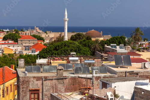 Minaret rises above Rhodes, Dodecanese islands, Greece