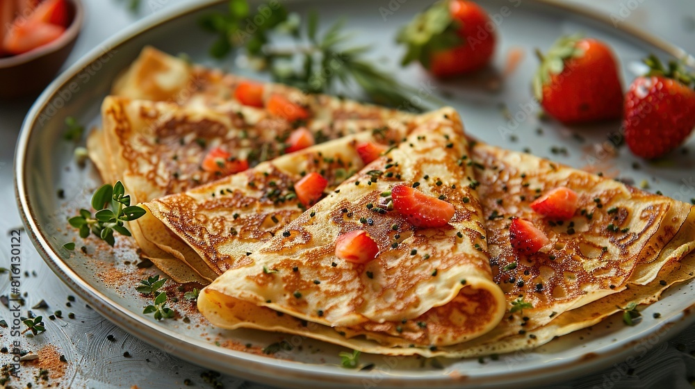 A plate of pancakes and strawberries, with a bowl of strawberries in the background, captured in a close-up A plate of pancakes and strawberries, with a bowl of strawberries in the background, captured in a close-up