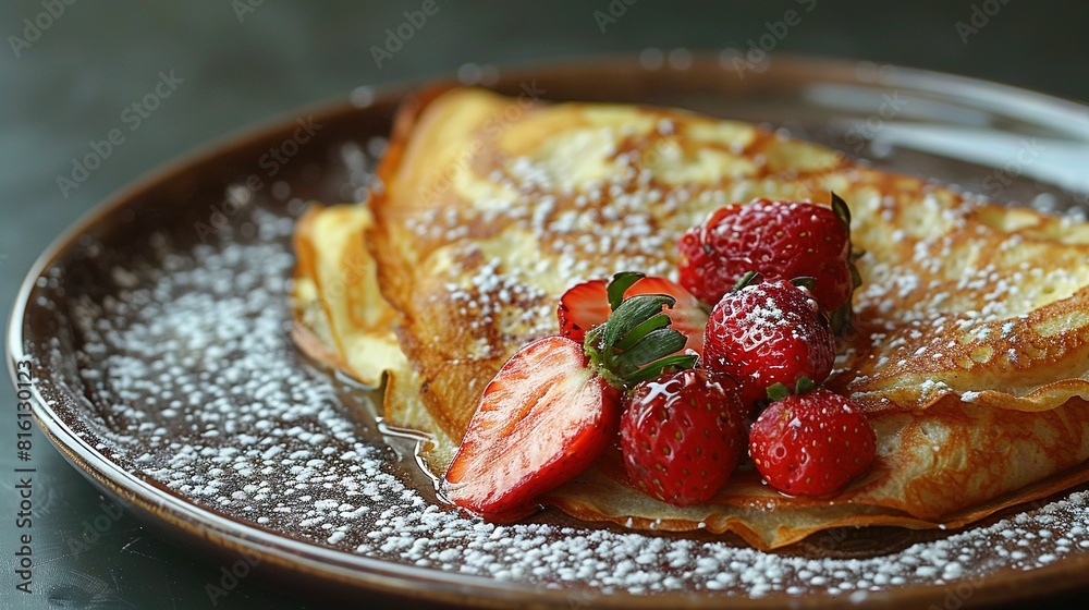  French toast plate sprinkled with powdered sugar & topped with fresh strawberry slices