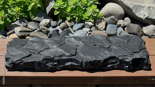   A black rock rests atop a wooden bench alongside a collection of rocks and a green plant