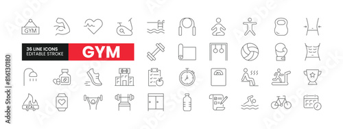 Set of 36 Gym line icons set. Gymoutline icons with editable stroke collection. Includes Barbell, Yoga, Gym Building, Bench, Exercise, and More.