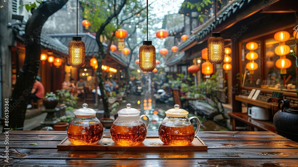 A wooden table with teapots and tea jars A wooden table with teapots and tea jars