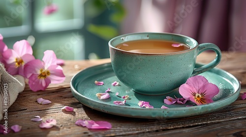  A cup of tea rests on a saucer, adorned with pink flowers, atop a wooden table beside a cloth sack