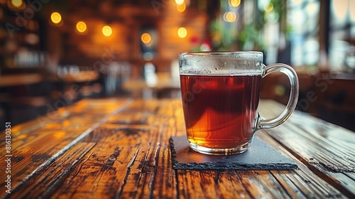  A cup of tea sits atop a wooden table alongside a glass of tea positioned on a coaster