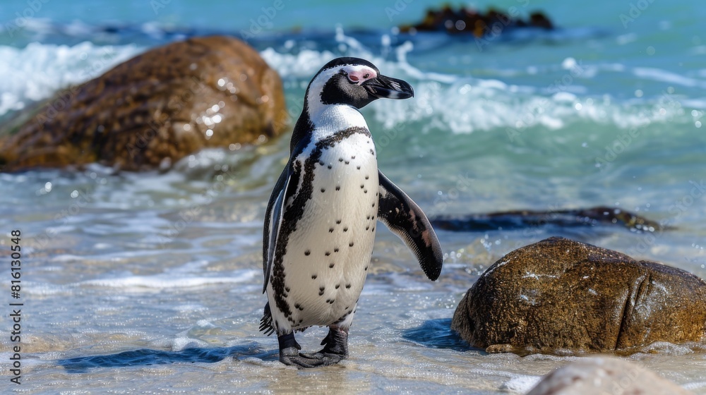 Fototapeta premium A crisp image of a solitary African penguin in its natural habitat by the ocean, showcasing wildlife in motion