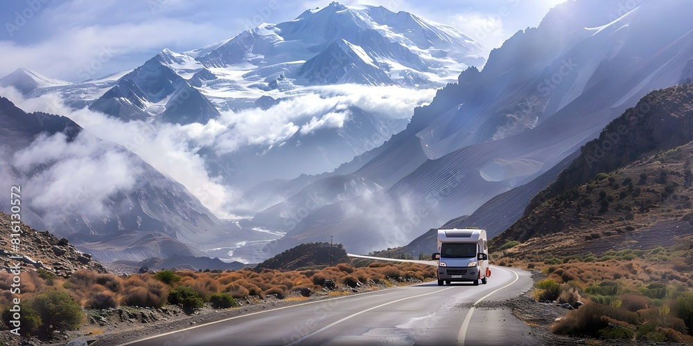 Exploring Mountainous Terrain in a Camper Van: Scenic Views and Open Roads. Concept Mountain Exploration, Camper Van, Scenic Views, Open Roads, Adventure