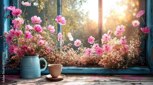   A windowsill adorned with pink blossoms flanks a cerulean vase holding pink petals and a steaming cup of joe photo