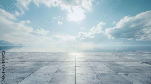 Fototapeta Naklejka Na Ścianę i Meble -  Empty square floor and lake with sky cloud landscape : Generative AI