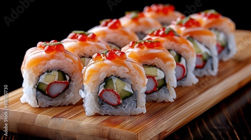  A sushi close-up with cucumber and tomato on wooden board against black backdrop