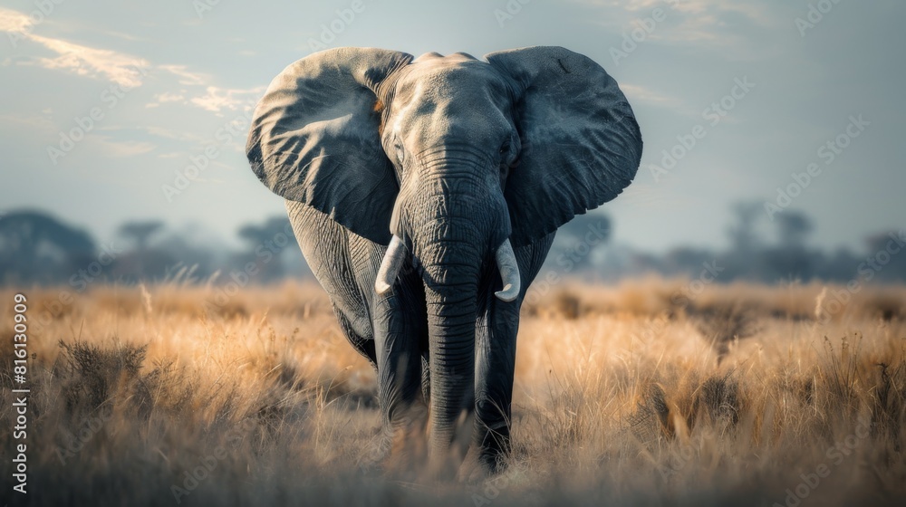Obraz premium An emotive composition capturing a lone elephant as it walks through a grassy field on a misty morning