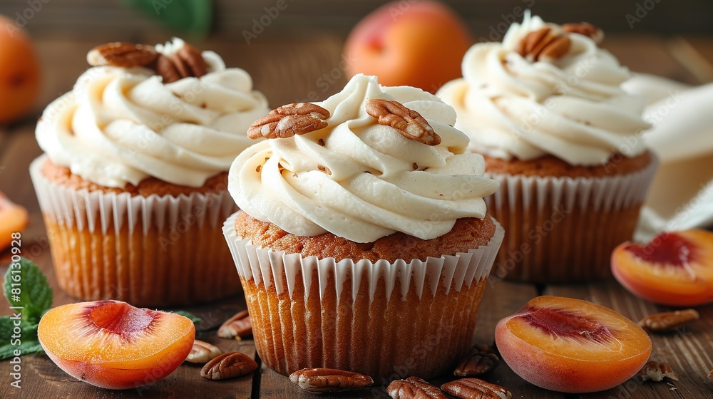   Cupcakes and peaches on a wooden table with pecans