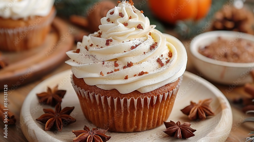 A cupcake with white frosting and star anise sits on a plate alongside a bowl of the same spice A cupcake with white frosting and star anise sits on a plate alongside a bowl of the same spice