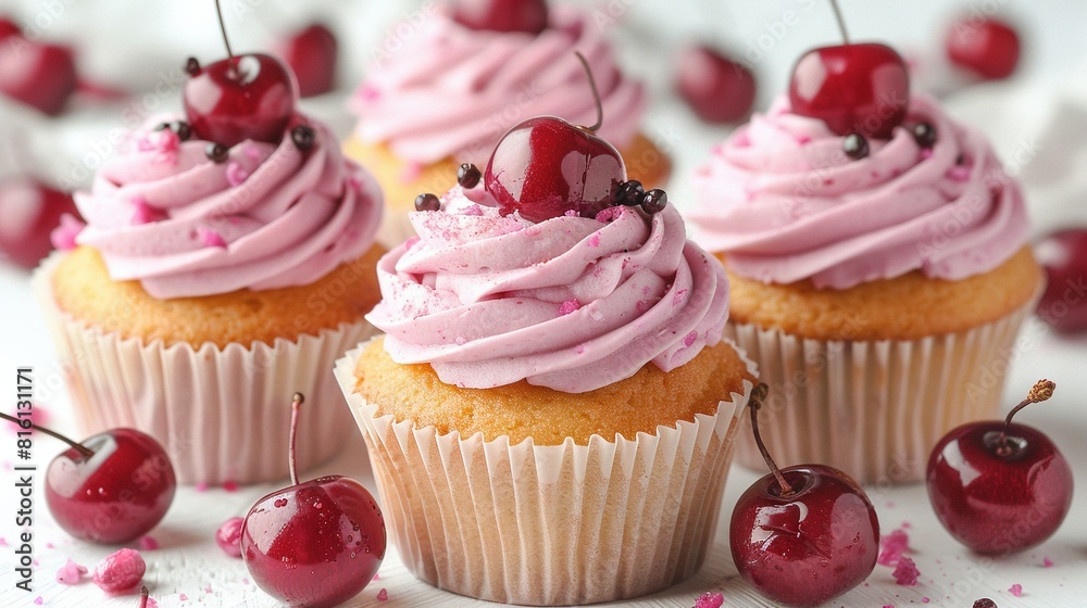 A group of pink-frosted cupcakes with cherries on a white surface and pink sprinkles A group of pink-frosted cupcakes with cherries on a white surface and pink sprinkles
