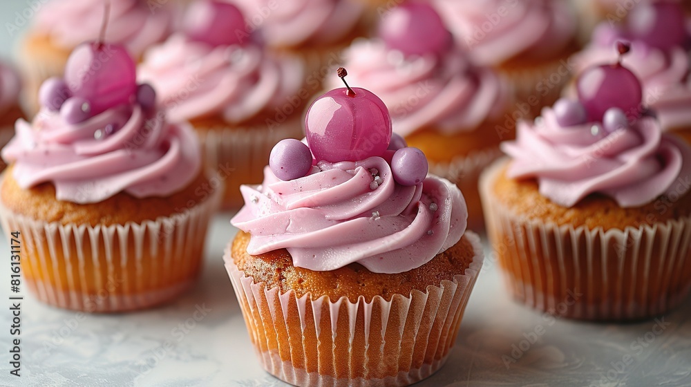   Cupcakes with pink frosting & cherry on top