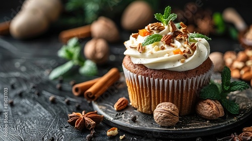  A detailed image of a cupcake resting on a black background, surrounded by nuts and cinnamon for a delectable display