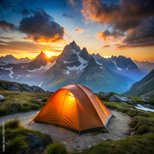 A tent glows warmly against a backdrop of majestic mountains under a vibrant sunset sky