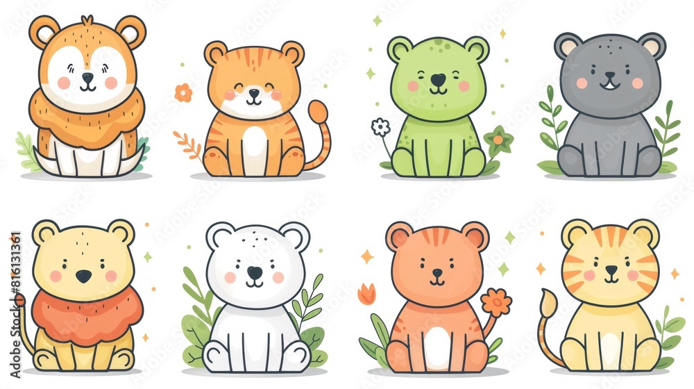 Fototapeta premium Various cartoon lions in different colors are depicted in this illustration