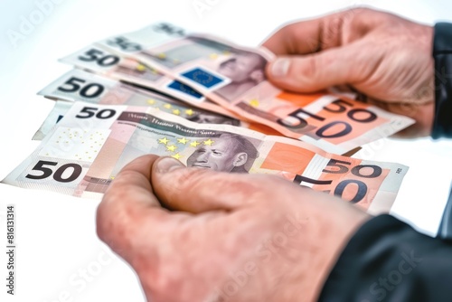 Hands holding multiple euro banknotes indicating financial transactions. Created with Generative AI.