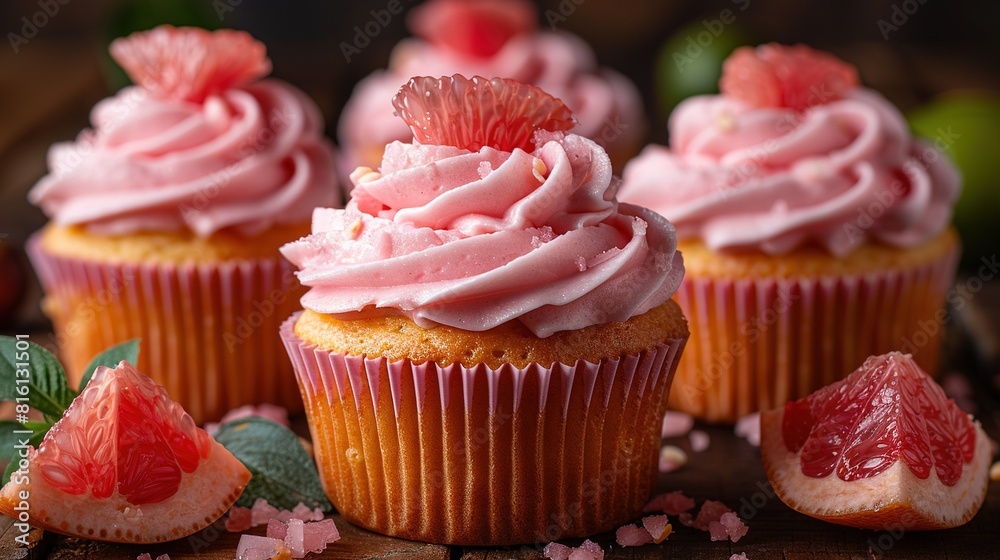   A photo of a cupcake with a close-up of its pink frosting and strawberry decoration on one side