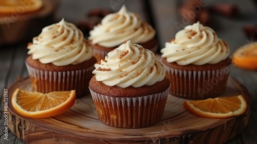  A close-up photo of cupcakes with frosting and an orange slice on a wooden table, surrounded by more cupcakes