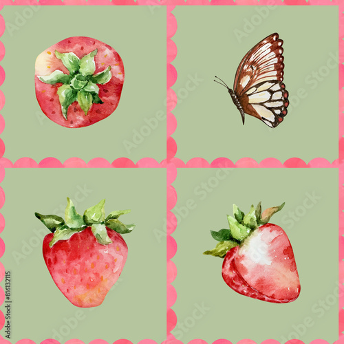 Seamless pattern of watercolor strawberries and butterflies in a frame