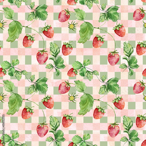 Seamless pattern of watercolor branches with strawberries on a delicate checkered print © SvetaArt