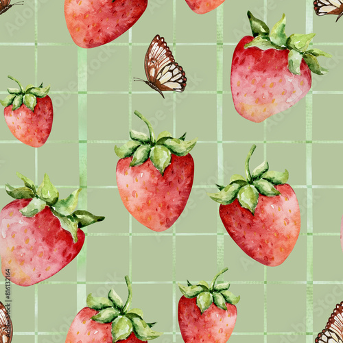 Seamless pattern of watercolor strawberries with butterfly on a green checkered pattern © SvetaArt