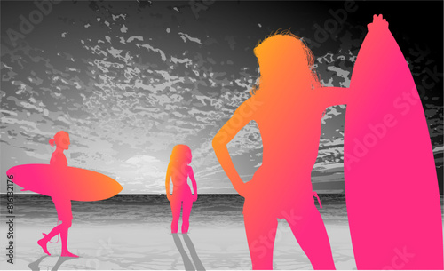 surfistas, contraluz, vector, tabla, surf, mar, atardecer, mujer surfista, silueta, tablista, ilustracion, arte surf, rosa, surfista en la playa, chica surf, mujer