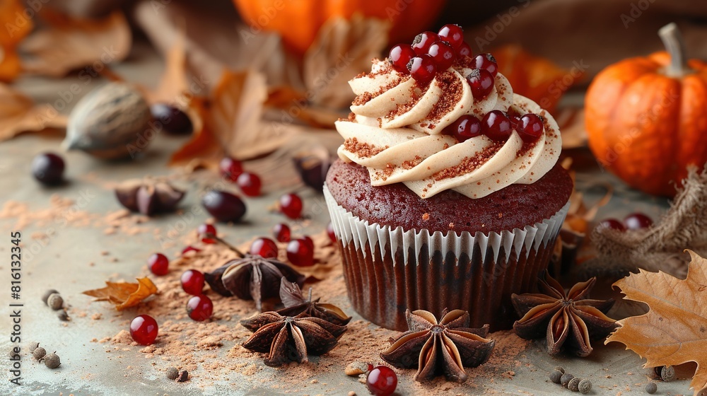A cupcake with cream frosting and cranberries on an autumn table, surrounded by pumpkins A cupcake with cream frosting and cranberries on an autumn table, surrounded by pumpkins