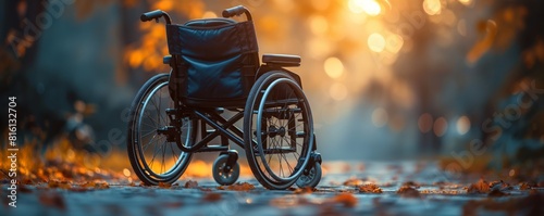 Empty wheelchair among fall-colored leaves photo