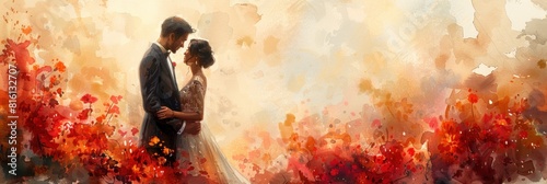 Couple embracing in a painted autumn landscape photo