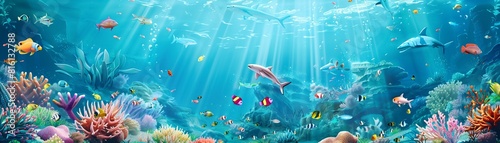 3D vector of a large aquarium with diverse aquatic life,watercolor illustrations photo