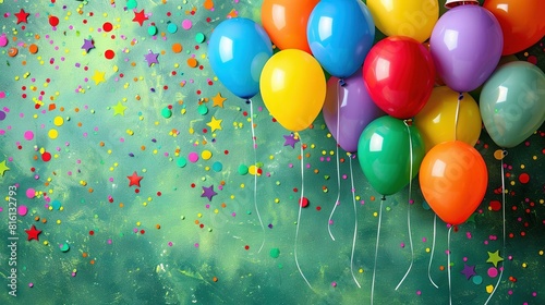   A group of colorful balloons floating upwards  adorned with festive decorations such as confetti and sparkling stars