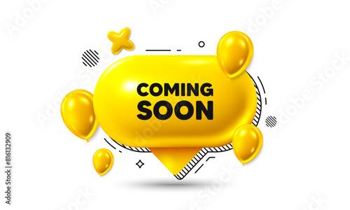 Birthday speech bubble 3d icon. Coming soon tag. Promotion banner sign. New product release symbol. Coming soon chat offer. Speech bubble balloons banner. Text box balloon. Vector