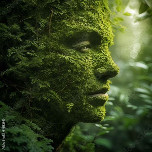 beautiful girl merged with nature, showcasing lush greenery, evoking a sense of mystery and nature's beauty © lexmomot