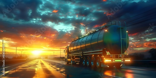 Sunset highlights the oil industry's impact on the transportation sector. Concept Oil Industry, Transportation Sector, Sunset, Impact, Environment, Sustainability photo