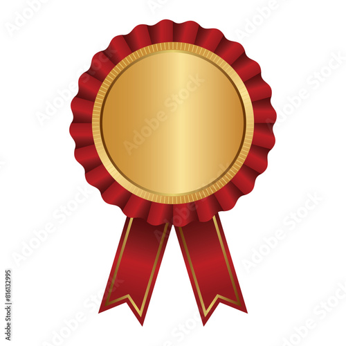 Realistic Golden medal with red ribbon. Golden Badge, emblem, Award and gold seal design. Badge icon design with ribbon. Golden button and tag vector design. Exclusive membership Badge design. 