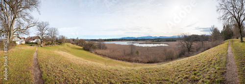 footpath Seeshaupt, panorama view to lake Gartensee, early springtime